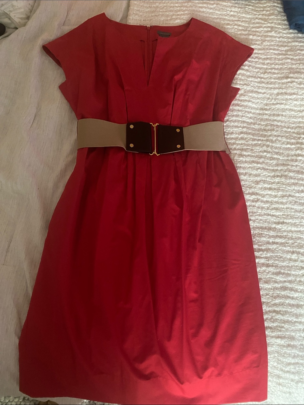 Ann Taylor Red Dress with Tan Elastic Belt